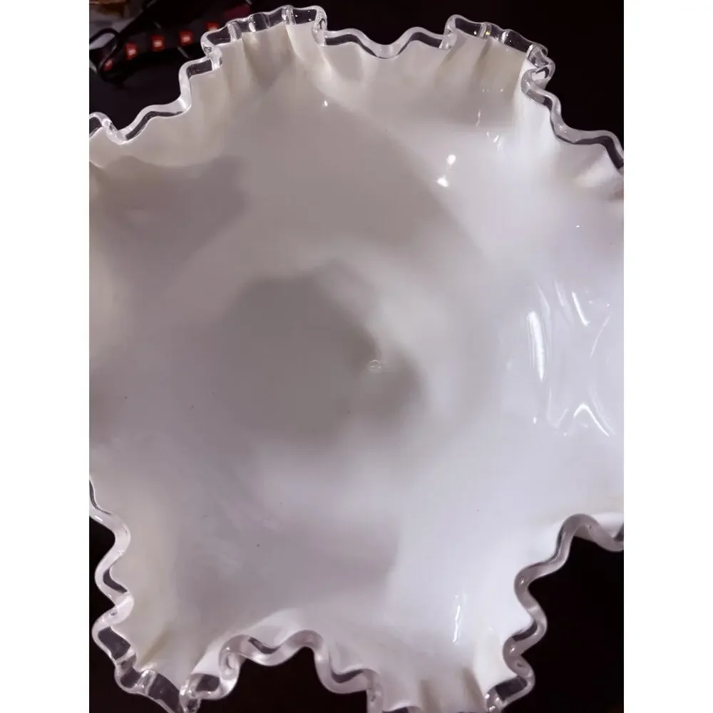 Fenton Silver Crest Milk Glass Pedestal Compote Bowl Ruffled Edge Vintage